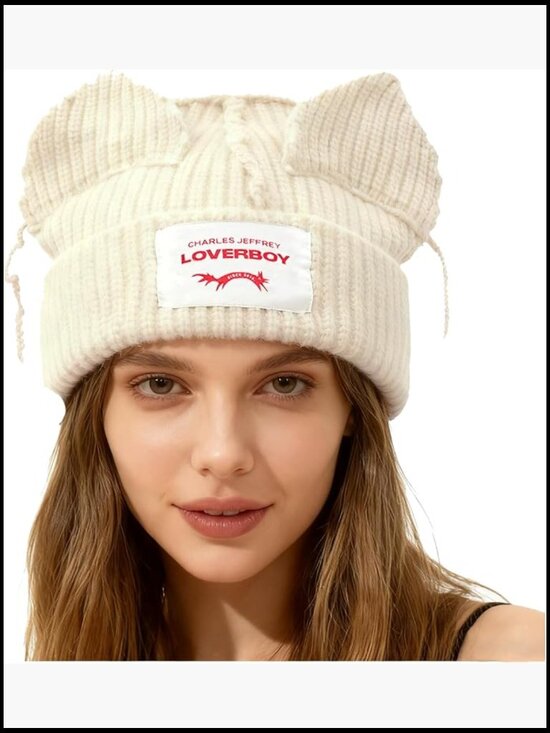 Hand Knitted Slouchy Beanie with Bunny Cat Ears Y2K Winter Hat
